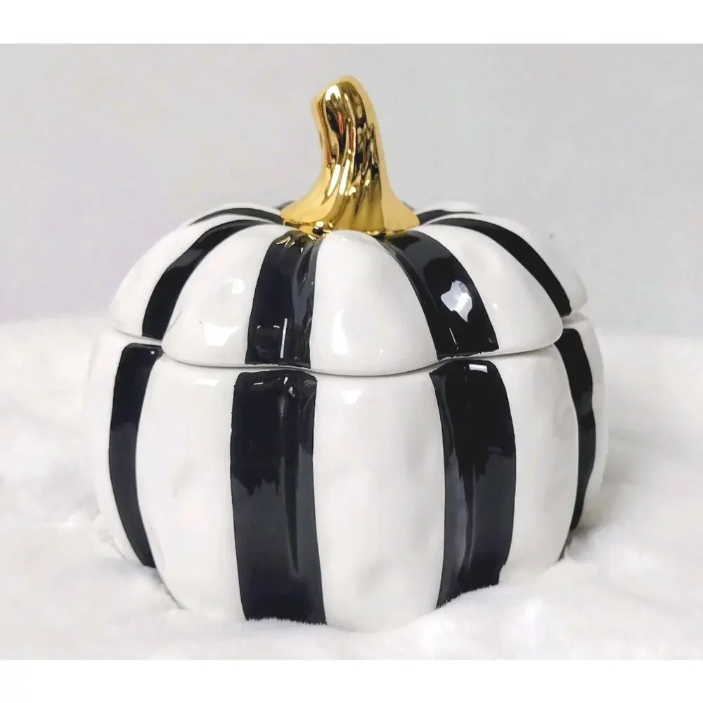 New~ Black & White Round Ceramic Pumpkin Canister Designer Inspired
